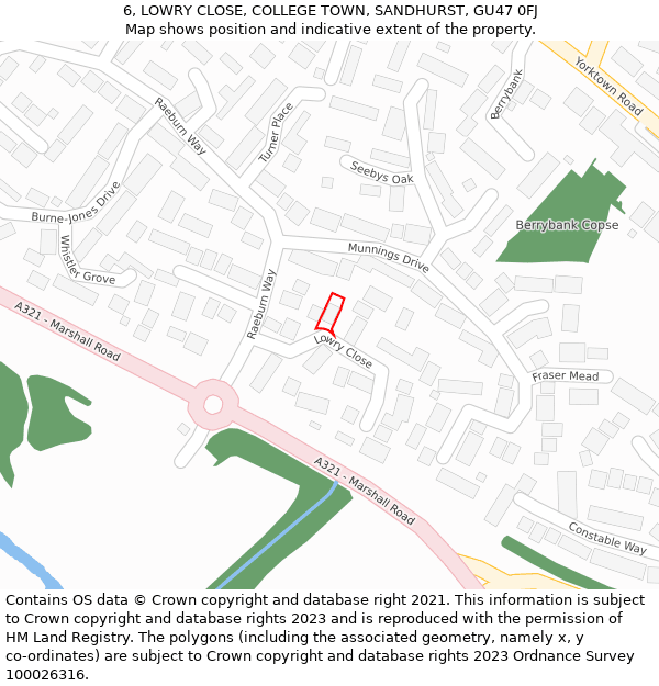 6, LOWRY CLOSE, COLLEGE TOWN, SANDHURST, GU47 0FJ: Location map and indicative extent of plot