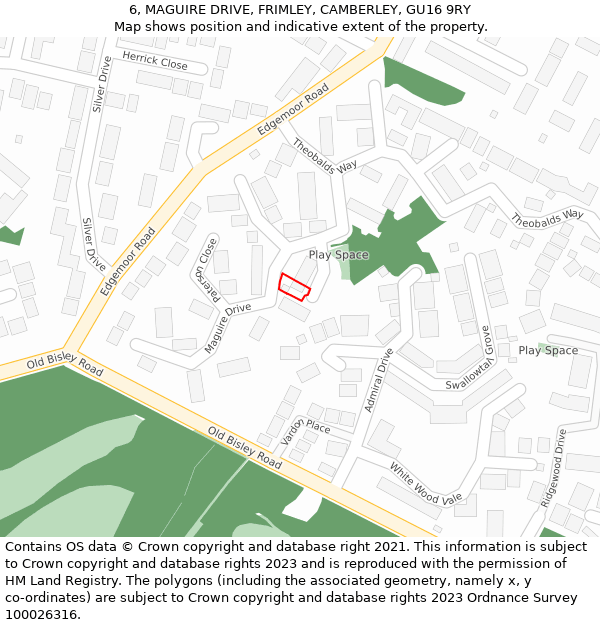 6, MAGUIRE DRIVE, FRIMLEY, CAMBERLEY, GU16 9RY: Location map and indicative extent of plot