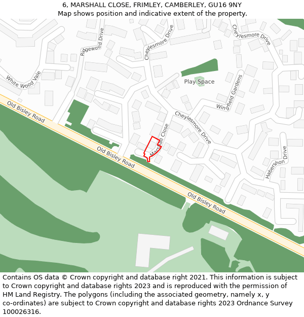 6, MARSHALL CLOSE, FRIMLEY, CAMBERLEY, GU16 9NY: Location map and indicative extent of plot