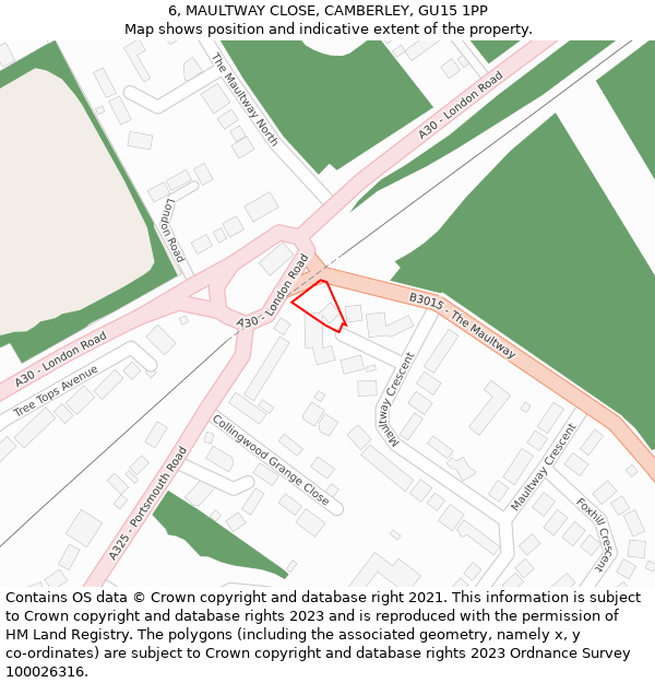 6, MAULTWAY CLOSE, CAMBERLEY, GU15 1PP: Location map and indicative extent of plot