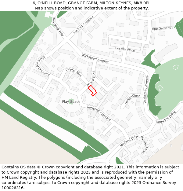 6, O'NEILL ROAD, GRANGE FARM, MILTON KEYNES, MK8 0PL: Location map and indicative extent of plot