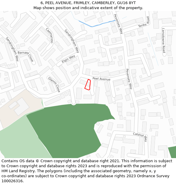 6, PEEL AVENUE, FRIMLEY, CAMBERLEY, GU16 8YT: Location map and indicative extent of plot