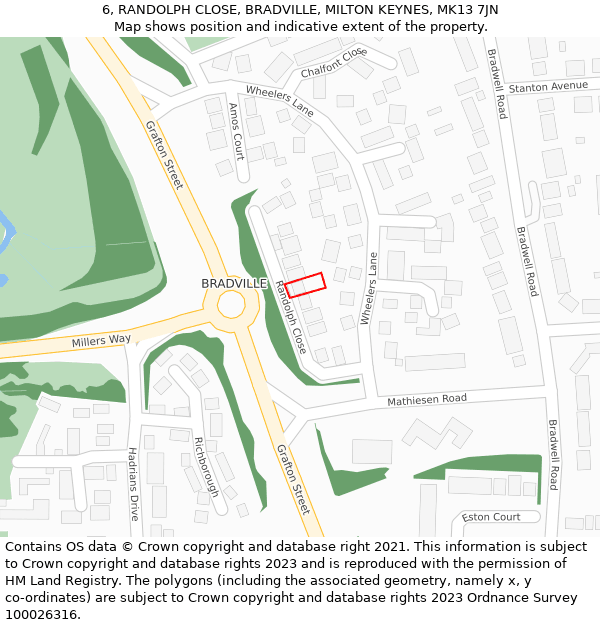 6, RANDOLPH CLOSE, BRADVILLE, MILTON KEYNES, MK13 7JN: Location map and indicative extent of plot