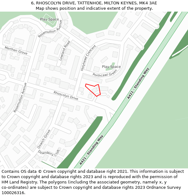 6, RHOSCOLYN DRIVE, TATTENHOE, MILTON KEYNES, MK4 3AE: Location map and indicative extent of plot