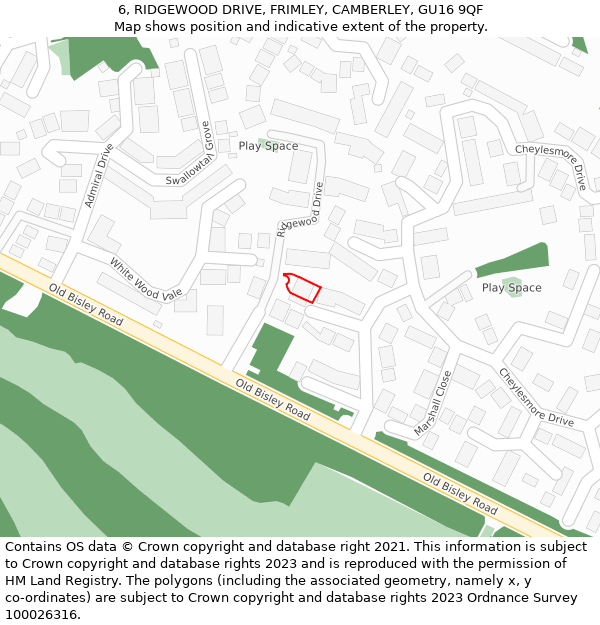 6, RIDGEWOOD DRIVE, FRIMLEY, CAMBERLEY, GU16 9QF: Location map and indicative extent of plot