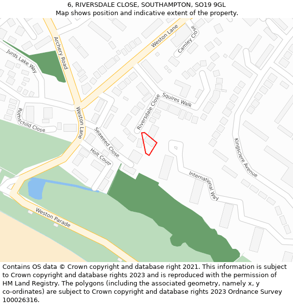 6, RIVERSDALE CLOSE, SOUTHAMPTON, SO19 9GL: Location map and indicative extent of plot