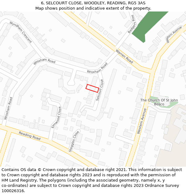 6, SELCOURT CLOSE, WOODLEY, READING, RG5 3AS: Location map and indicative extent of plot