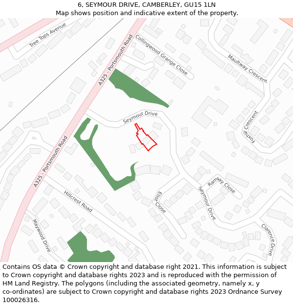 6, SEYMOUR DRIVE, CAMBERLEY, GU15 1LN: Location map and indicative extent of plot