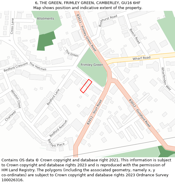 6, THE GREEN, FRIMLEY GREEN, CAMBERLEY, GU16 6HF: Location map and indicative extent of plot