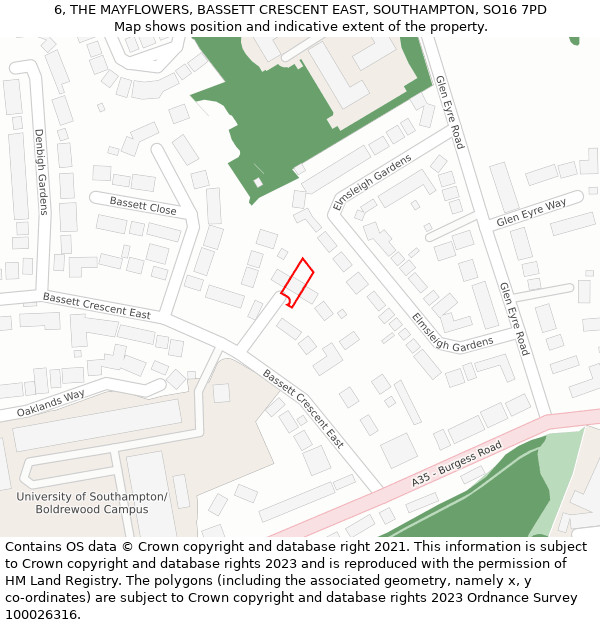 6, THE MAYFLOWERS, BASSETT CRESCENT EAST, SOUTHAMPTON, SO16 7PD: Location map and indicative extent of plot