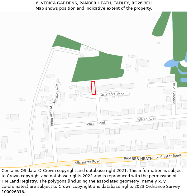 6, VERICA GARDENS, PAMBER HEATH, TADLEY, RG26 3EU: Location map and indicative extent of plot