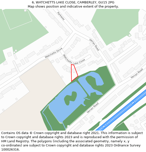 6, WATCHETTS LAKE CLOSE, CAMBERLEY, GU15 2PG: Location map and indicative extent of plot