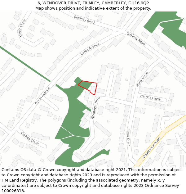 6, WENDOVER DRIVE, FRIMLEY, CAMBERLEY, GU16 9QP: Location map and indicative extent of plot