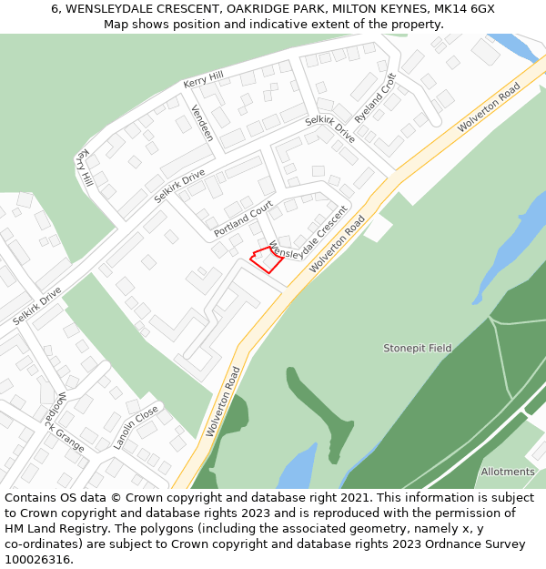 6, WENSLEYDALE CRESCENT, OAKRIDGE PARK, MILTON KEYNES, MK14 6GX: Location map and indicative extent of plot