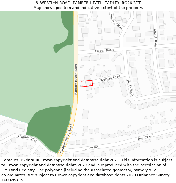 6, WESTLYN ROAD, PAMBER HEATH, TADLEY, RG26 3DT: Location map and indicative extent of plot