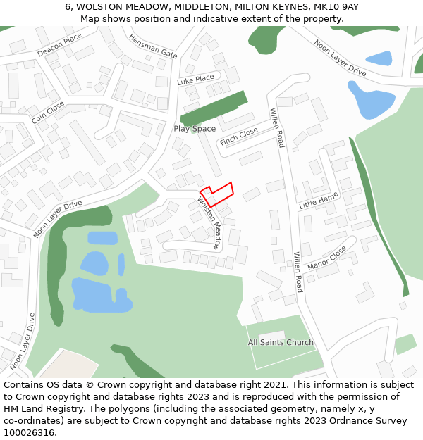6, WOLSTON MEADOW, MIDDLETON, MILTON KEYNES, MK10 9AY: Location map and indicative extent of plot
