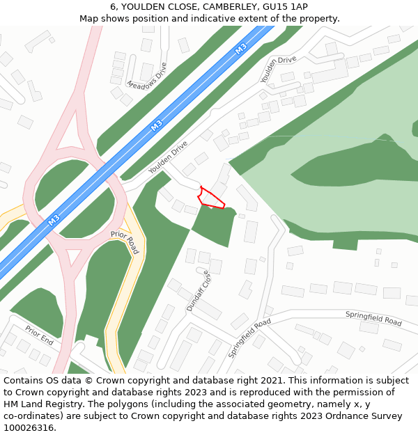 6, YOULDEN CLOSE, CAMBERLEY, GU15 1AP: Location map and indicative extent of plot