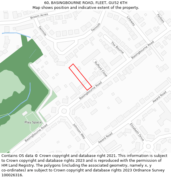 60, BASINGBOURNE ROAD, FLEET, GU52 6TH: Location map and indicative extent of plot