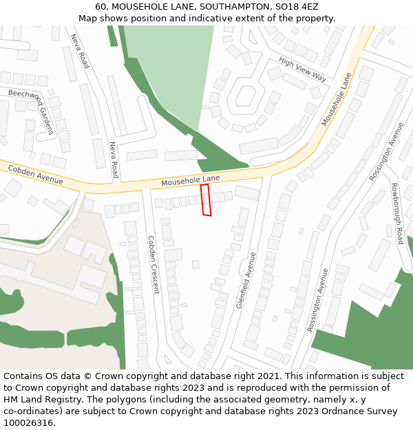 60, MOUSEHOLE LANE, SOUTHAMPTON, SO18 4EZ: Location map and indicative extent of plot