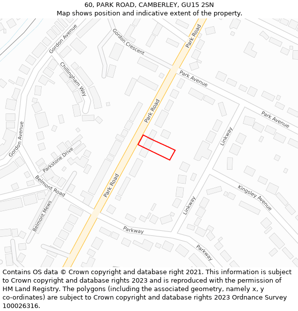 60, PARK ROAD, CAMBERLEY, GU15 2SN: Location map and indicative extent of plot