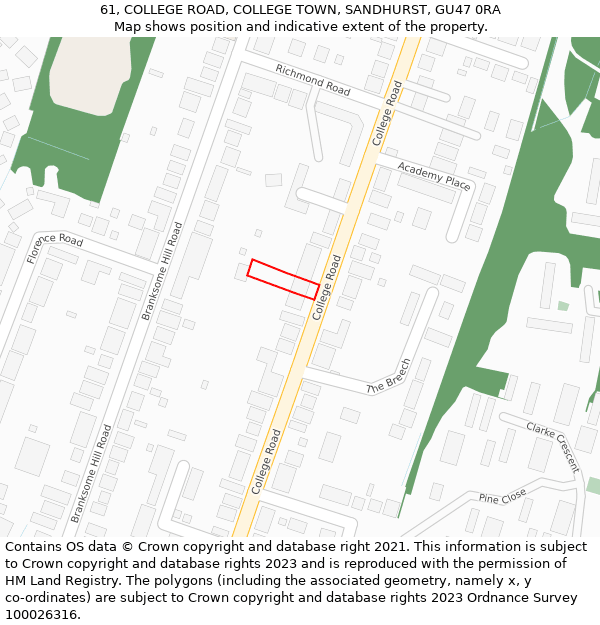 61, COLLEGE ROAD, COLLEGE TOWN, SANDHURST, GU47 0RA: Location map and indicative extent of plot