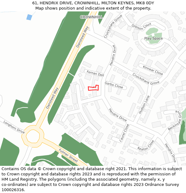61, HENDRIX DRIVE, CROWNHILL, MILTON KEYNES, MK8 0DY: Location map and indicative extent of plot