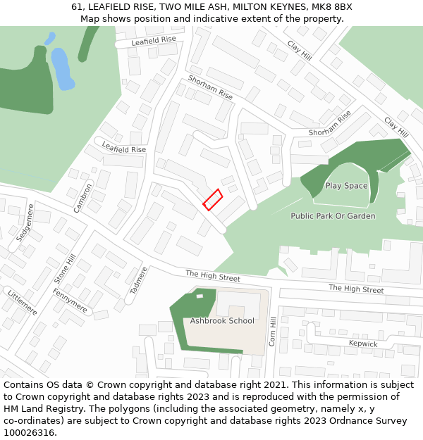 61, LEAFIELD RISE, TWO MILE ASH, MILTON KEYNES, MK8 8BX: Location map and indicative extent of plot