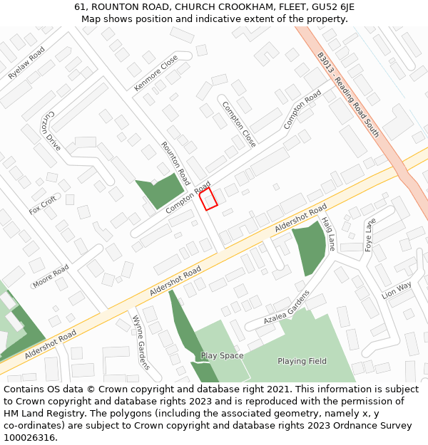 61, ROUNTON ROAD, CHURCH CROOKHAM, FLEET, GU52 6JE: Location map and indicative extent of plot
