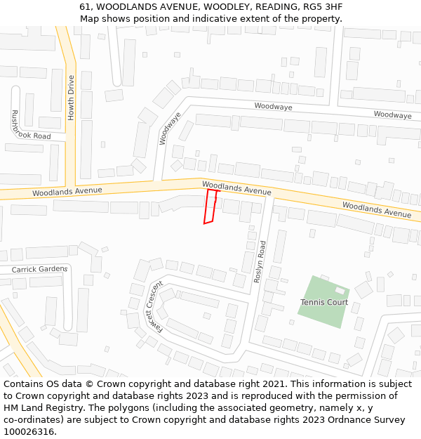 61, WOODLANDS AVENUE, WOODLEY, READING, RG5 3HF: Location map and indicative extent of plot