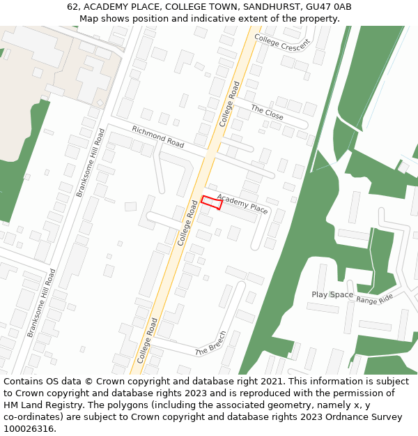 62, ACADEMY PLACE, COLLEGE TOWN, SANDHURST, GU47 0AB: Location map and indicative extent of plot