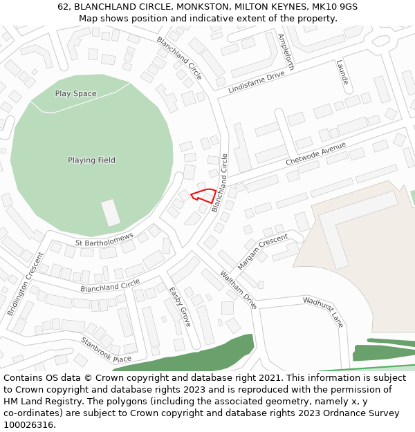 62, BLANCHLAND CIRCLE, MONKSTON, MILTON KEYNES, MK10 9GS: Location map and indicative extent of plot