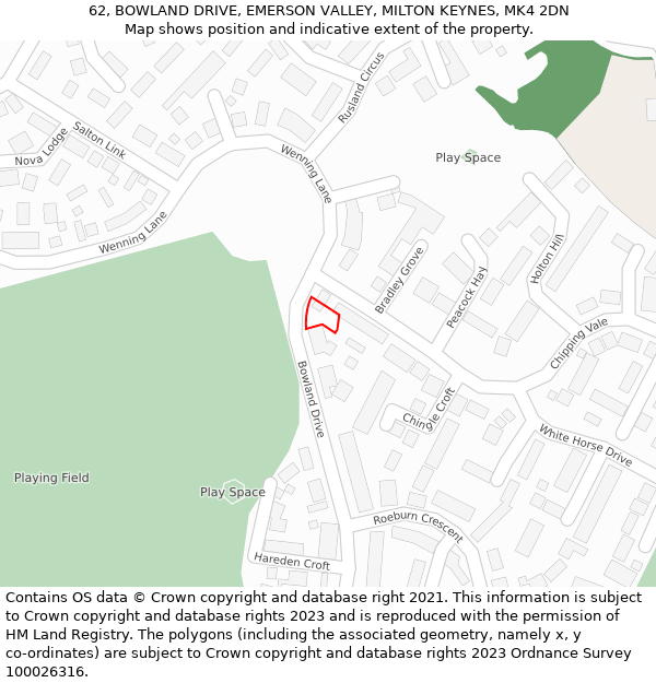 62, BOWLAND DRIVE, EMERSON VALLEY, MILTON KEYNES, MK4 2DN: Location map and indicative extent of plot