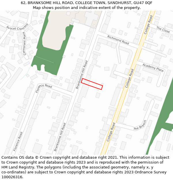 62, BRANKSOME HILL ROAD, COLLEGE TOWN, SANDHURST, GU47 0QF: Location map and indicative extent of plot