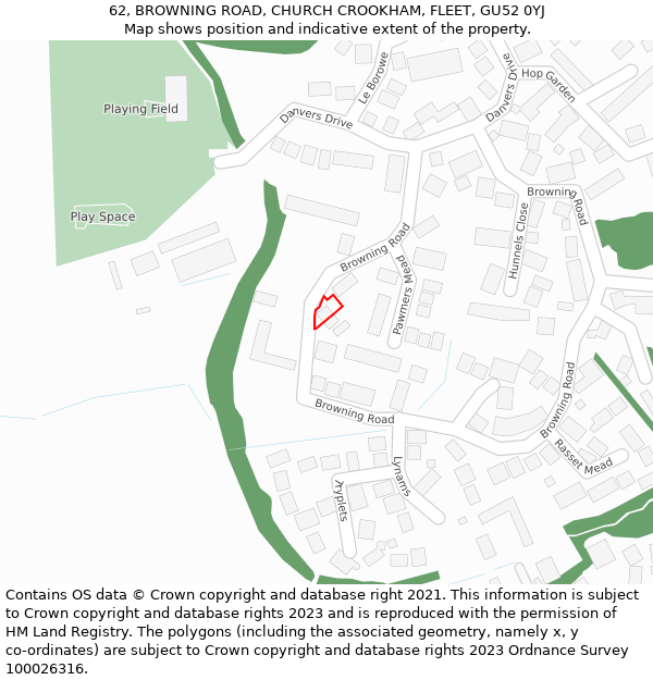 62, BROWNING ROAD, CHURCH CROOKHAM, FLEET, GU52 0YJ: Location map and indicative extent of plot