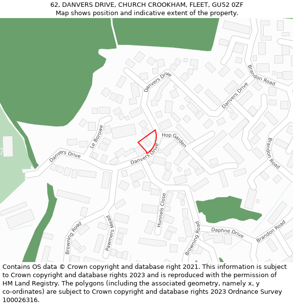 62, DANVERS DRIVE, CHURCH CROOKHAM, FLEET, GU52 0ZF: Location map and indicative extent of plot