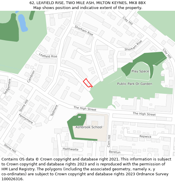 62, LEAFIELD RISE, TWO MILE ASH, MILTON KEYNES, MK8 8BX: Location map and indicative extent of plot