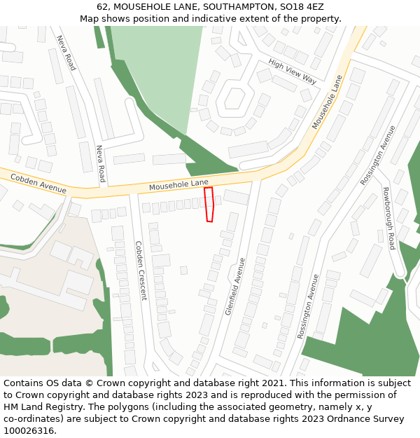 62, MOUSEHOLE LANE, SOUTHAMPTON, SO18 4EZ: Location map and indicative extent of plot