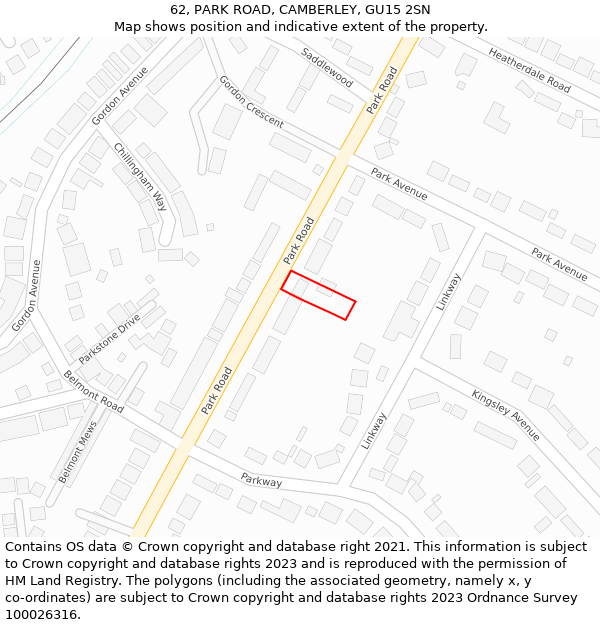 62, PARK ROAD, CAMBERLEY, GU15 2SN: Location map and indicative extent of plot