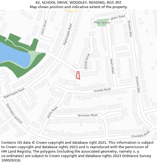 62, SCHOOL DRIVE, WOODLEY, READING, RG5 3PZ: Location map and indicative extent of plot