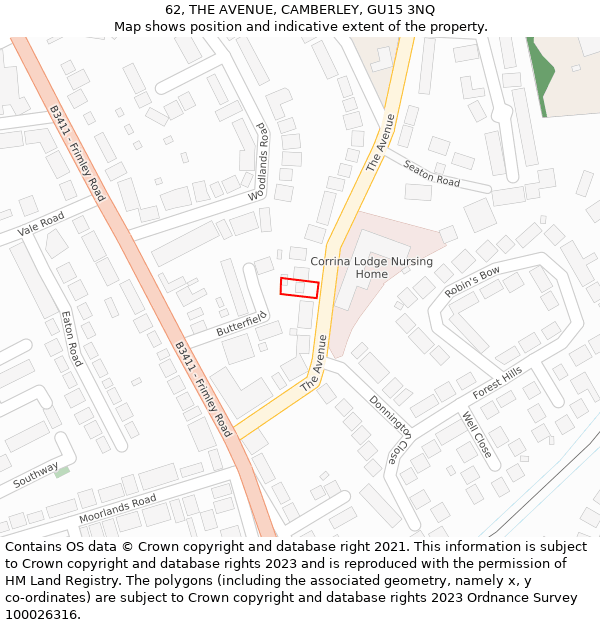 62, THE AVENUE, CAMBERLEY, GU15 3NQ: Location map and indicative extent of plot