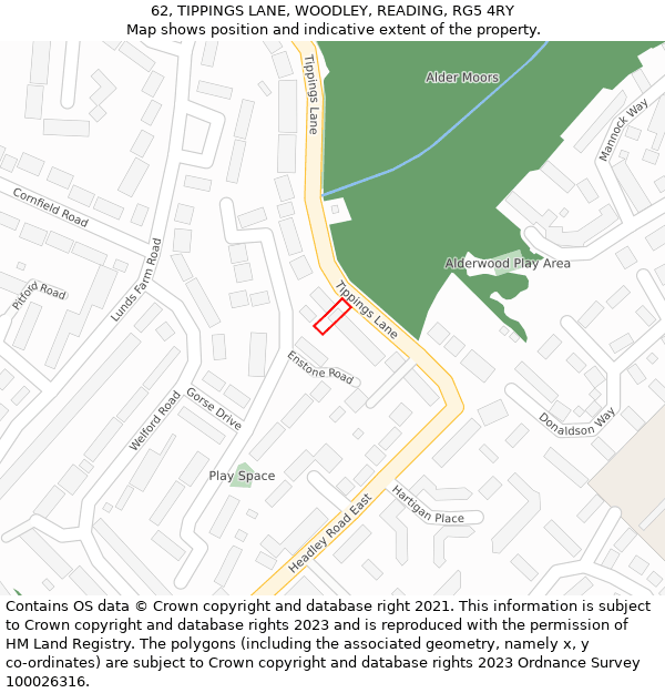 62, TIPPINGS LANE, WOODLEY, READING, RG5 4RY: Location map and indicative extent of plot