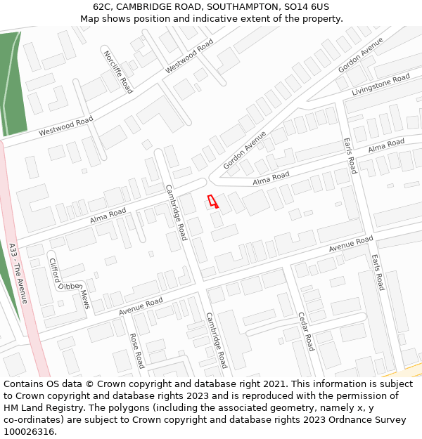 62C, CAMBRIDGE ROAD, SOUTHAMPTON, SO14 6US: Location map and indicative extent of plot