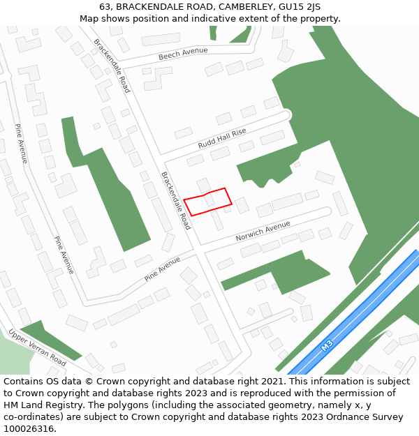 63, BRACKENDALE ROAD, CAMBERLEY, GU15 2JS: Location map and indicative extent of plot