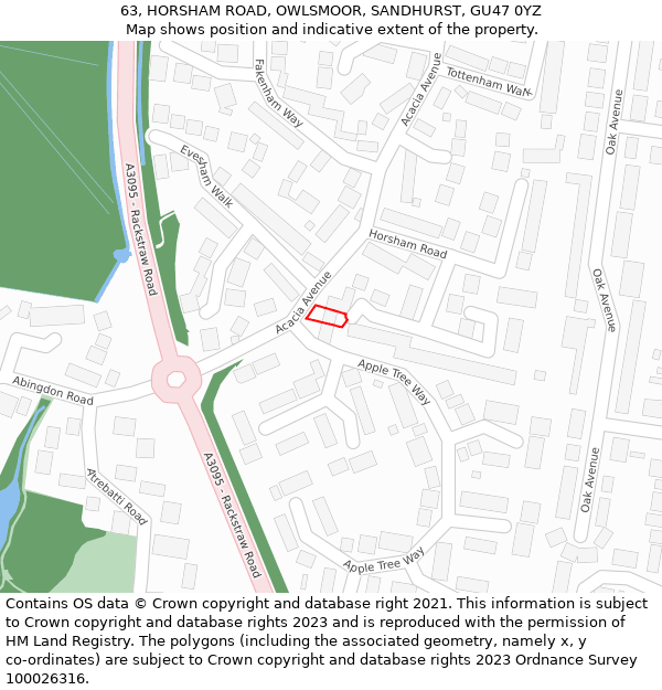 63, HORSHAM ROAD, OWLSMOOR, SANDHURST, GU47 0YZ: Location map and indicative extent of plot