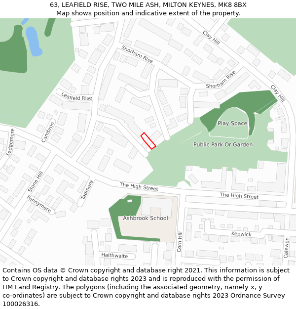 63, LEAFIELD RISE, TWO MILE ASH, MILTON KEYNES, MK8 8BX: Location map and indicative extent of plot