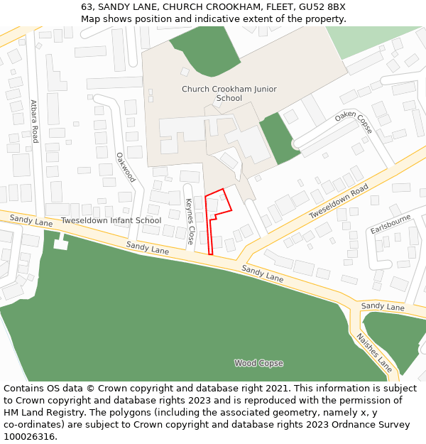 63, SANDY LANE, CHURCH CROOKHAM, FLEET, GU52 8BX: Location map and indicative extent of plot