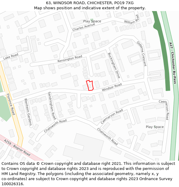 63, WINDSOR ROAD, CHICHESTER, PO19 7XG: Location map and indicative extent of plot