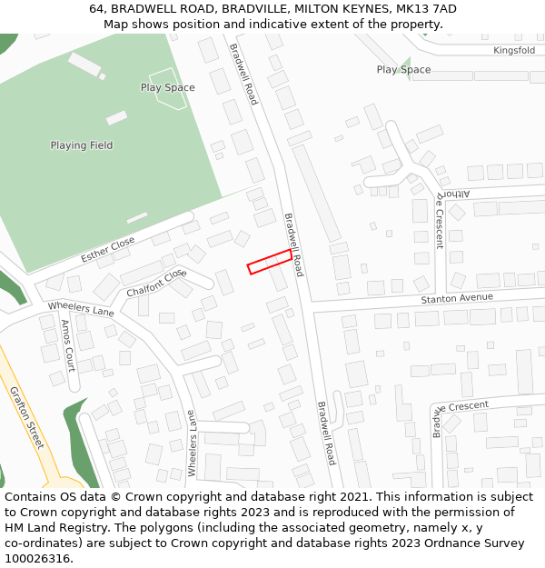 64, BRADWELL ROAD, BRADVILLE, MILTON KEYNES, MK13 7AD: Location map and indicative extent of plot