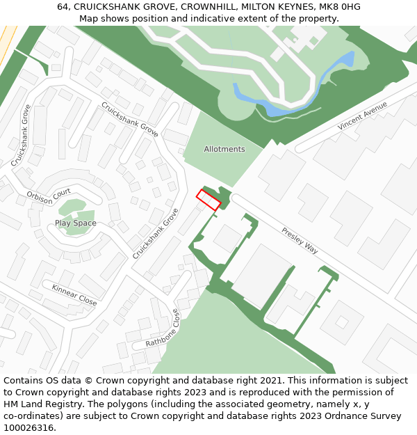 64, CRUICKSHANK GROVE, CROWNHILL, MILTON KEYNES, MK8 0HG: Location map and indicative extent of plot