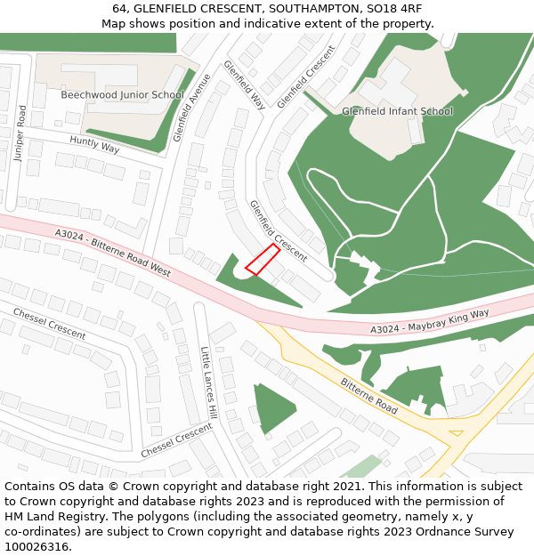 64, GLENFIELD CRESCENT, SOUTHAMPTON, SO18 4RF: Location map and indicative extent of plot